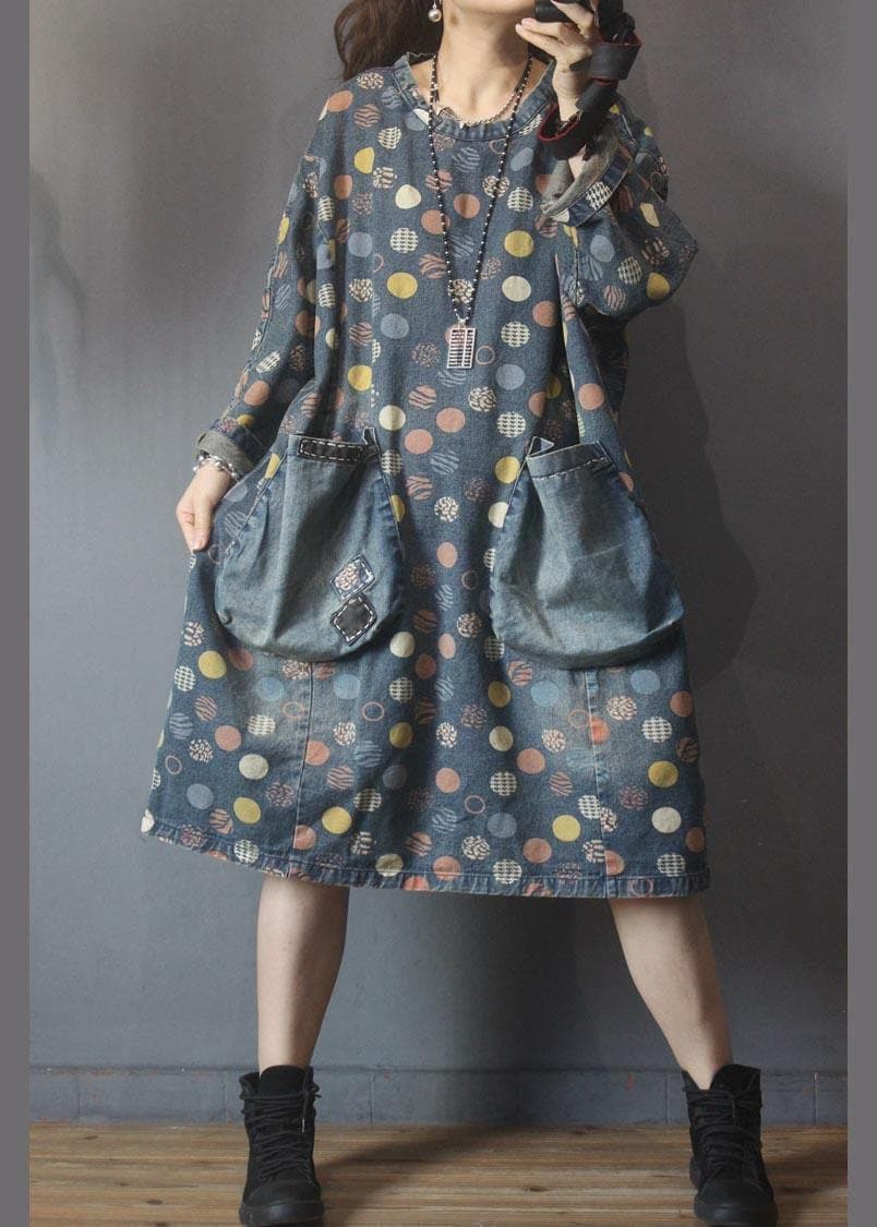 Simple Blue Print Pockets Denim Long Summer Cotton Dress MMZ-SDL210525