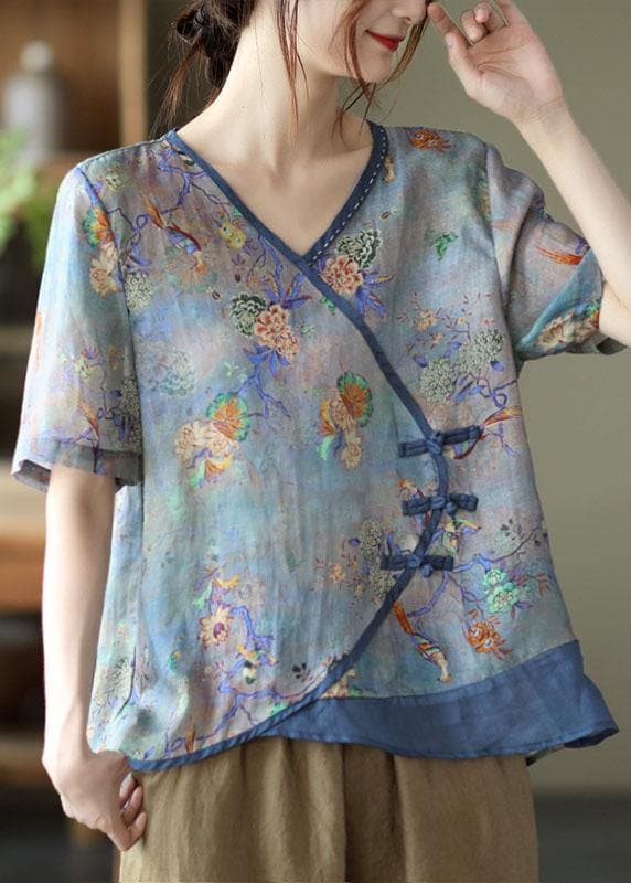 Simple Blue Print Ramie Oriental Summer Tops GK-STP210708