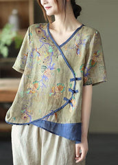 Simple Blue Print Ramie Oriental Summer Tops GK-STP210708