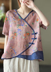 Simple Blue Print Ramie Oriental Summer Tops GK-STP210708