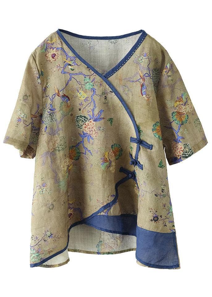 Simple Blue Print Ramie Oriental Summer Tops GK-STP210708