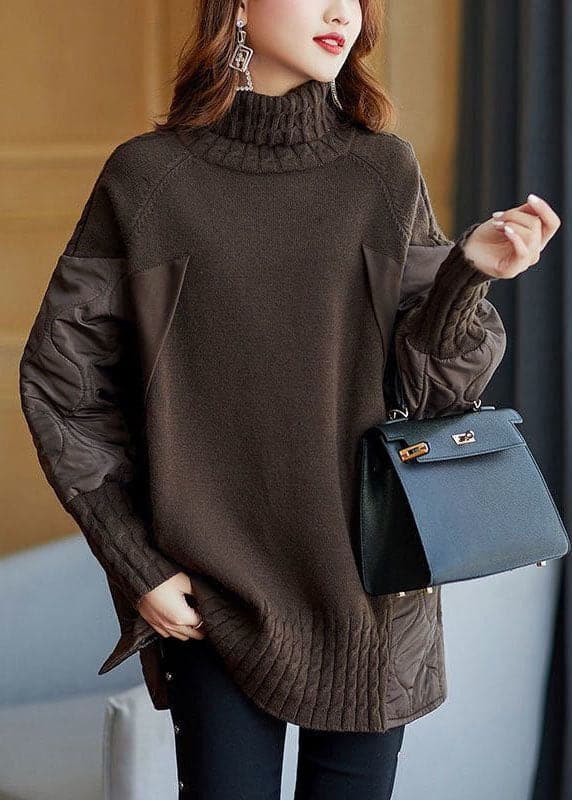 Simple Coffee Turtleneck Patchwork Loose Fall Knit sweaters BSJK-NTP211013