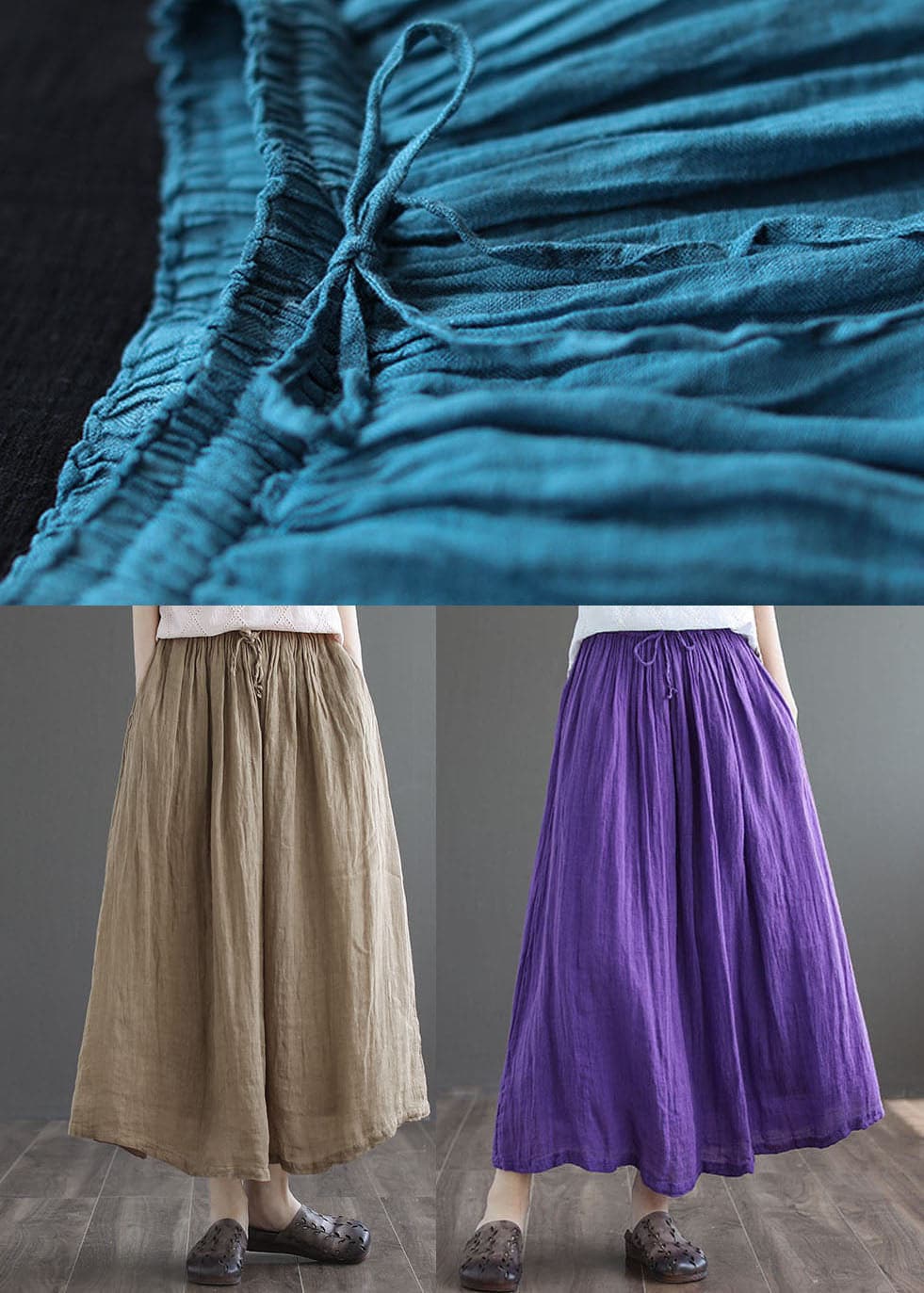 Simple Dark Blue Elastic Waist Double-deck Linen Skirts Summer gk-SKTS220503