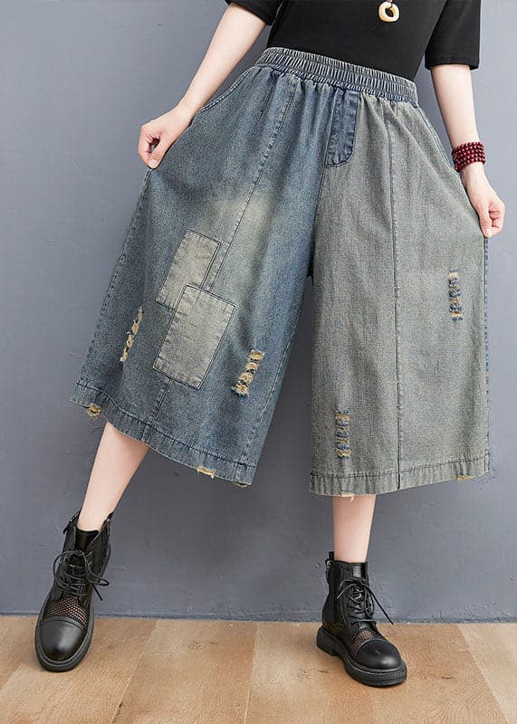 Simple Denim Blue Elastic Waist Hole Applique Cotton Straight Pants Trousers Summer nz-CPTS220526