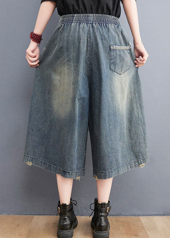 Simple Denim Blue Elastic Waist Hole Applique Cotton Straight Pants Trousers Summer nz-CPTS220526