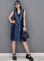 Simple Denim Blue Peter Pan Collar Tassel Patchwork Chiffon Mid Dresses Sleeveless JDML-SDL22060901