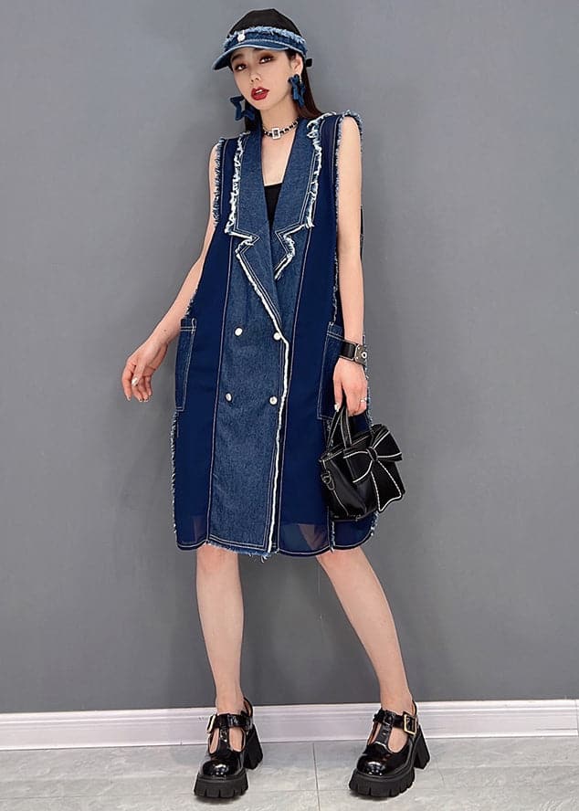 Simple Denim Blue Peter Pan Collar Tassel Patchwork Chiffon Mid Dresses Sleeveless JDML-SDL22060901