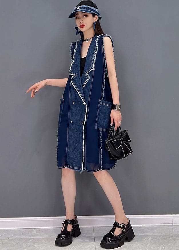 Simple Denim Blue Peter Pan Collar Tassel Patchwork Chiffon Mid Dresses Sleeveless JDML-SDL22060901