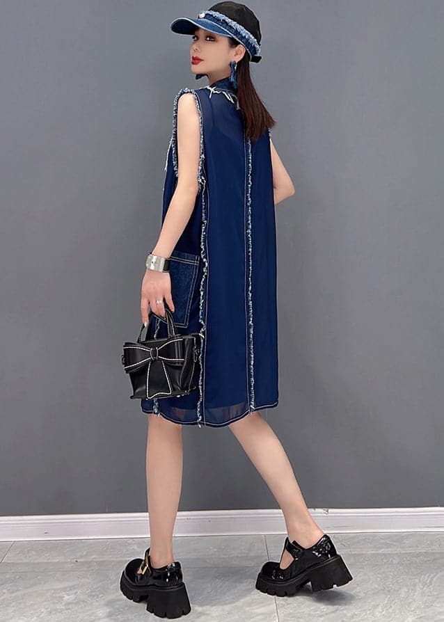 Simple Denim Blue Peter Pan Collar Tassel Patchwork Chiffon Mid Dresses Sleeveless JDML-SDL22060901