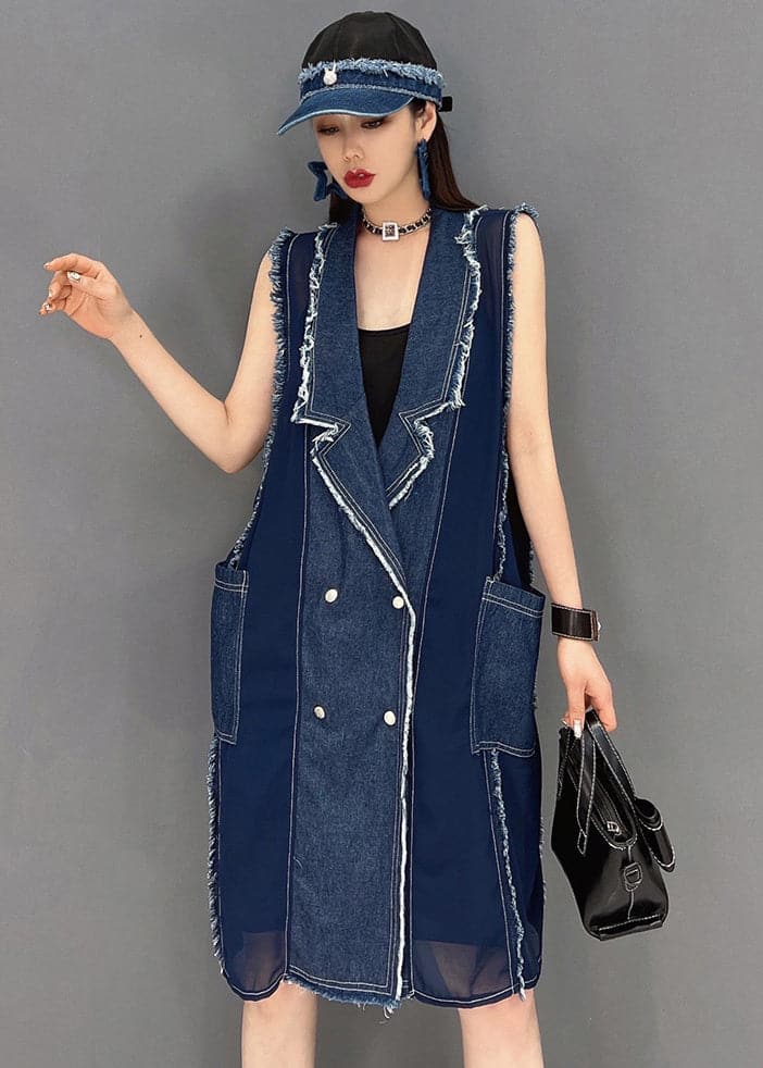 Simple Denim Blue Peter Pan Collar Tassel Patchwork Chiffon Mid Dresses Sleeveless JDML-SDL22060901