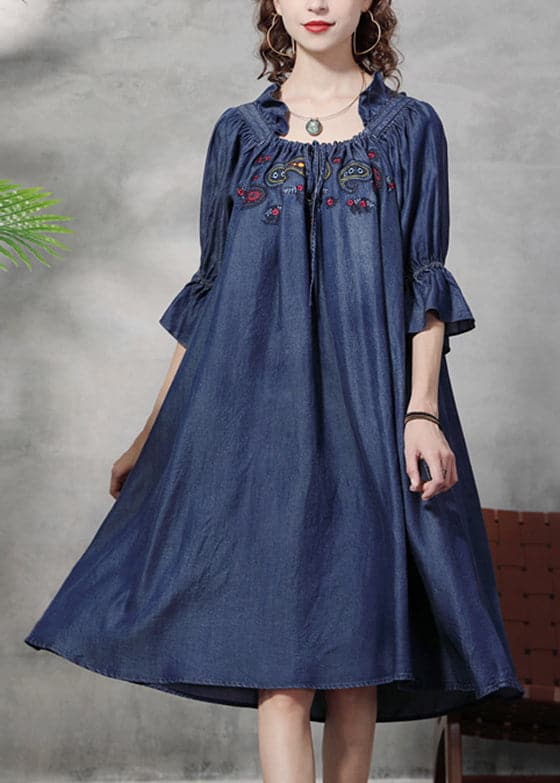 Simple Denim Blue wrinkled Ruffled Embroideried Cotton silk Dress lantern sleeve NZ-FDL220304