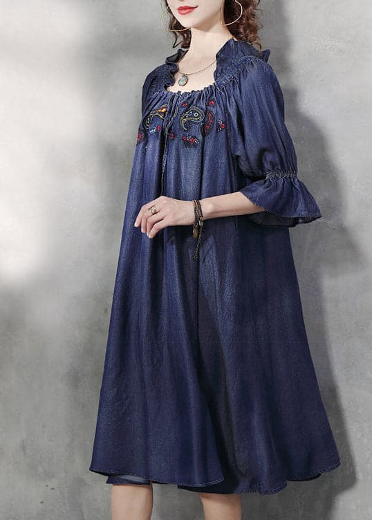 Simple Denim Blue wrinkled Ruffled Embroideried Cotton silk Dress lantern sleeve NZ-FDL220304