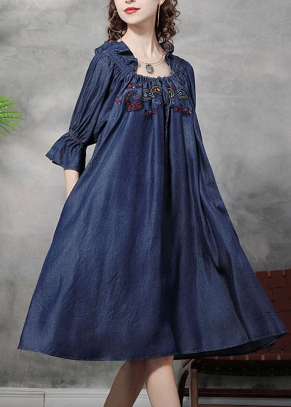 Simple Denim Blue wrinkled Ruffled Embroideried Cotton silk Dress lantern sleeve NZ-FDL220304