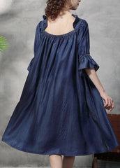 Simple Denim Blue wrinkled Ruffled Embroideried Cotton silk Dress lantern sleeve NZ-FDL220304