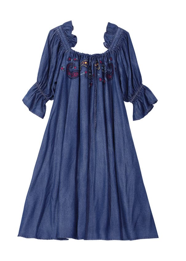 Simple Denim Blue wrinkled Ruffled Embroideried Cotton silk Dress lantern sleeve NZ-FDL220304