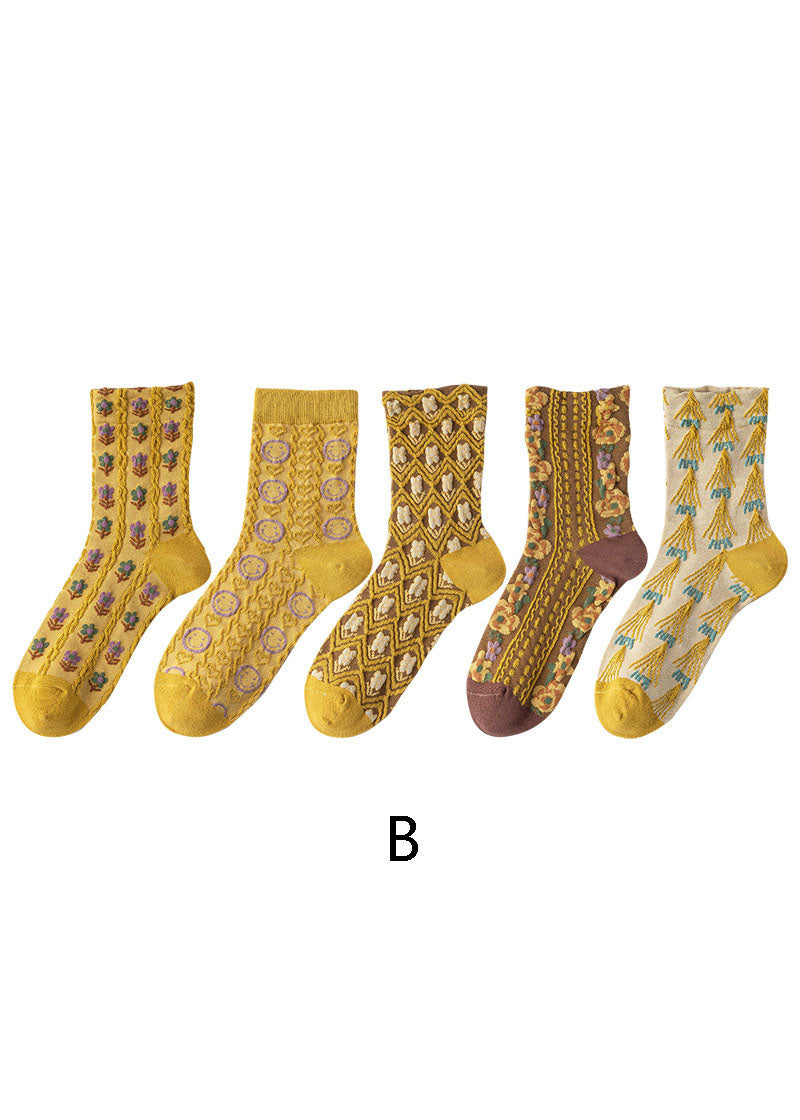 Simple Floral Jacquard Cotton Crew Socks dylinoshop