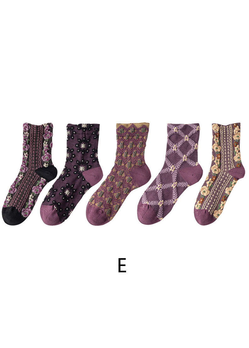 Simple Floral Jacquard Cotton Crew Socks dylinoshop