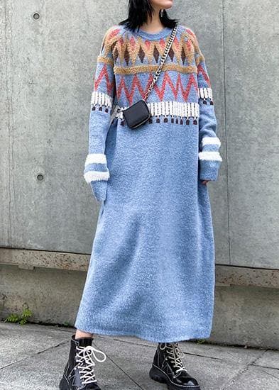 Simple Geometric Sweater winter dresses Classy blue o neck Fuzzy knit dresses AT-NSD191203