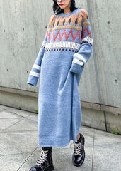 Simple Geometric Sweater winter dresses Classy blue o neck Fuzzy knit dresses AT-NSD191203