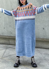 Simple Geometric Sweater winter dresses Classy blue o neck Fuzzy knit dresses AT-NSD191203