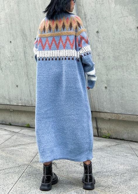 Simple Geometric Sweater winter dresses Classy blue o neck Fuzzy knit dresses AT-NSD191203