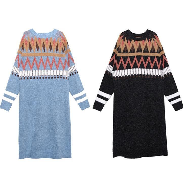 Simple Geometric Sweater winter dresses Classy blue o neck Fuzzy knit dresses AT-NSD191203