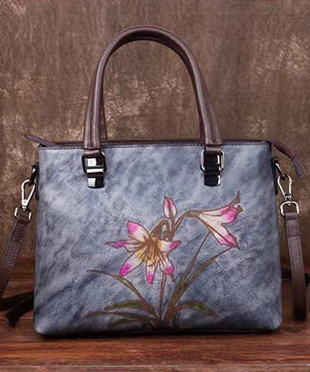 Simple Green Floral Paitings Calf Leather Tote Handbag BGS211230