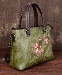 Simple Green Floral Paitings Calf Leather Tote Handbag BGS211230