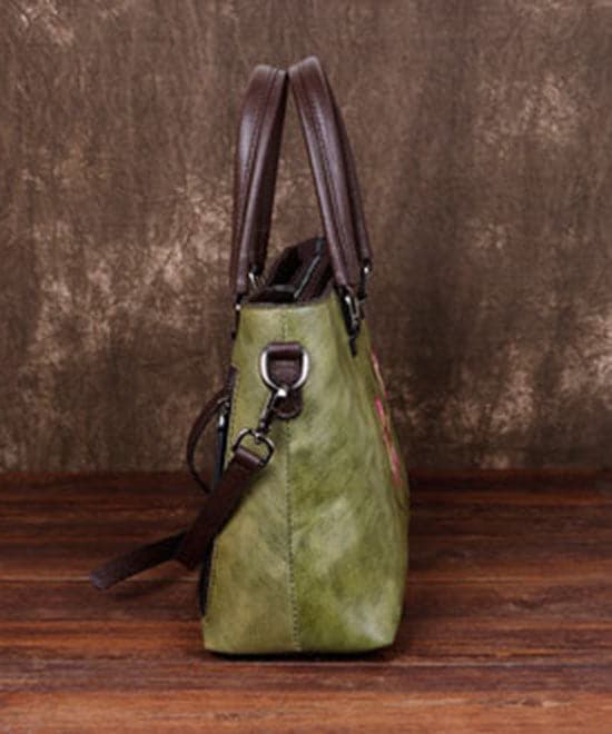 Simple Green Floral Paitings Calf Leather Tote Handbag BGS211230