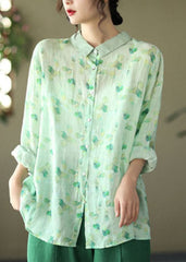 Simple Green Peter Pan Collar Print Ramie Shirt Long Sleeve GK-LTP220127