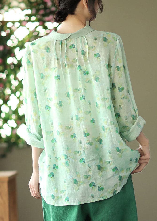 Simple Green Peter Pan Collar Print Ramie Shirt Long Sleeve GK-LTP220127