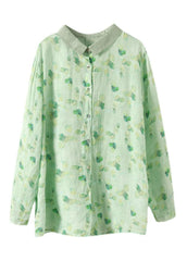 Simple Green Peter Pan Collar Print Ramie Shirt Long Sleeve GK-LTP220127