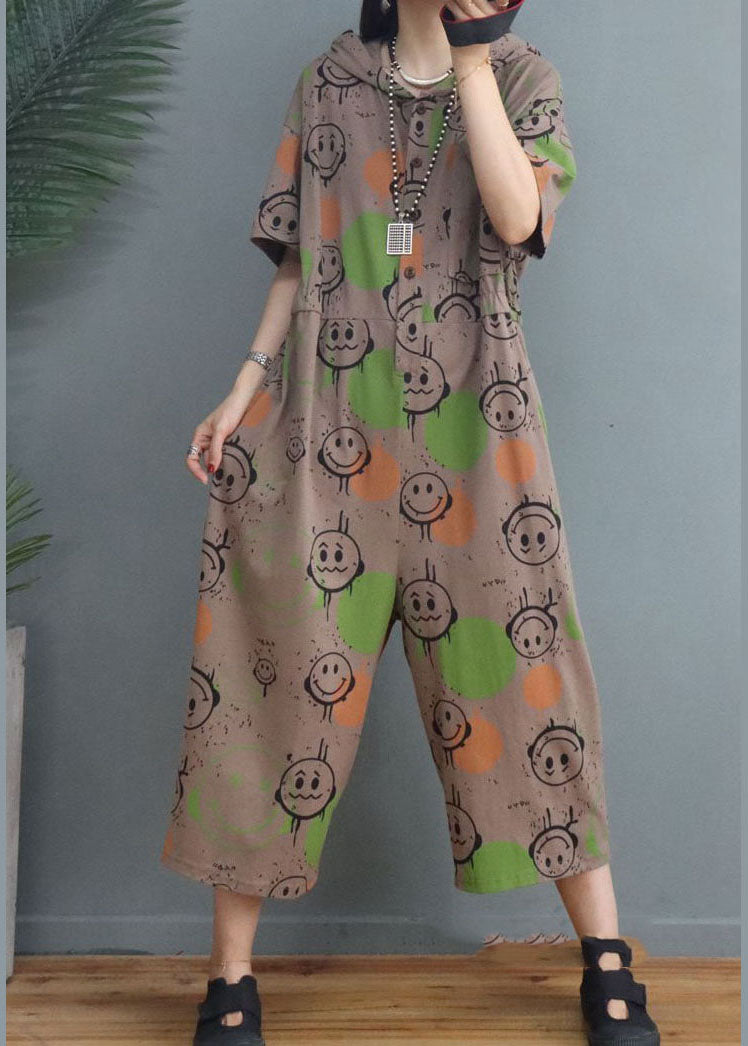 Simple Khaki Hooded Print Cotton Jumpsuits Half Sleeve dylinoshop