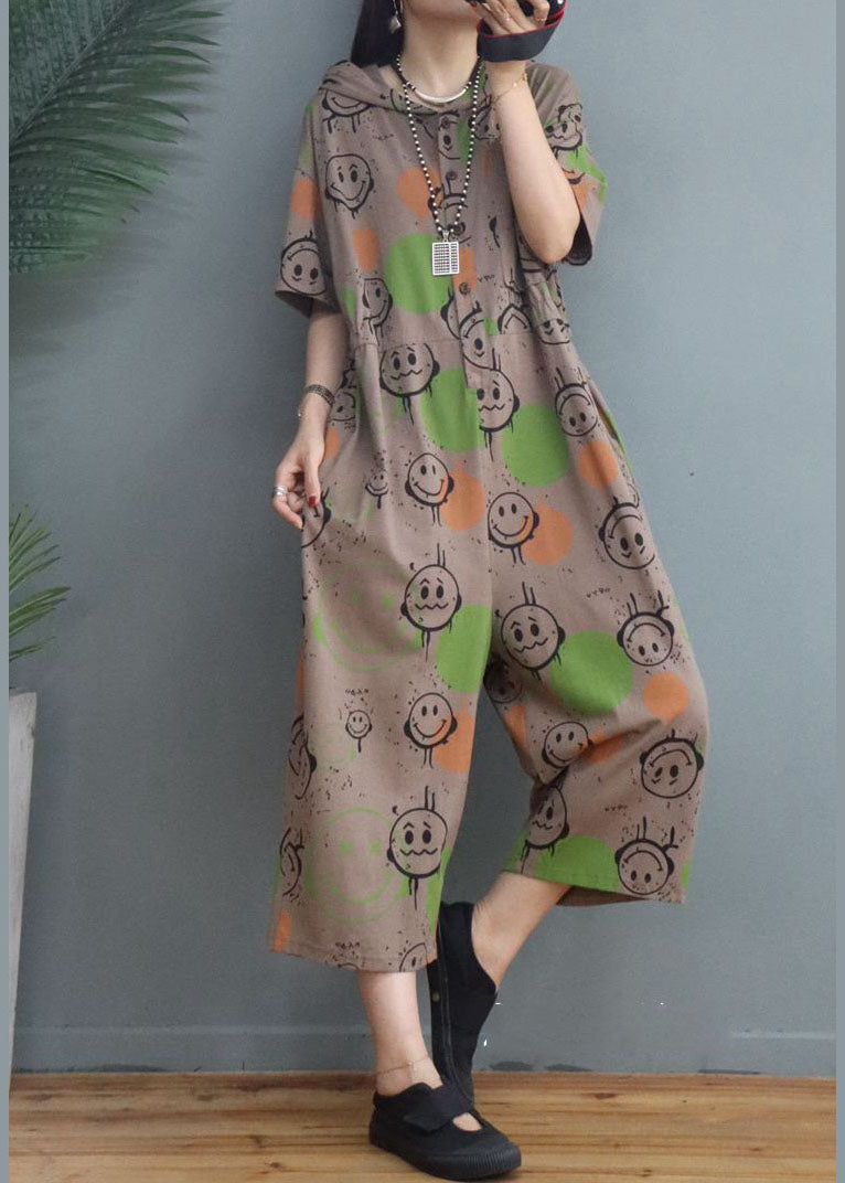 Simple Khaki Hooded Print Cotton Jumpsuits Half Sleeve dylinoshop