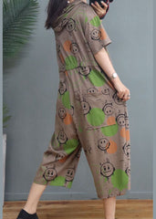 Simple Khaki Hooded Print Cotton Jumpsuits Half Sleeve dylinoshop