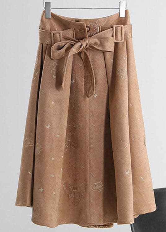 Simple Khaki tie waist Embroideried Corduroy Skirts Spring ZM-SKTS220118