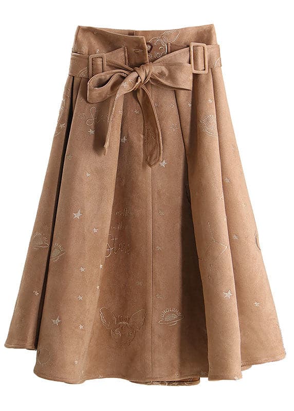 Simple Khaki tie waist Embroideried Corduroy Skirts Spring ZM-SKTS220118