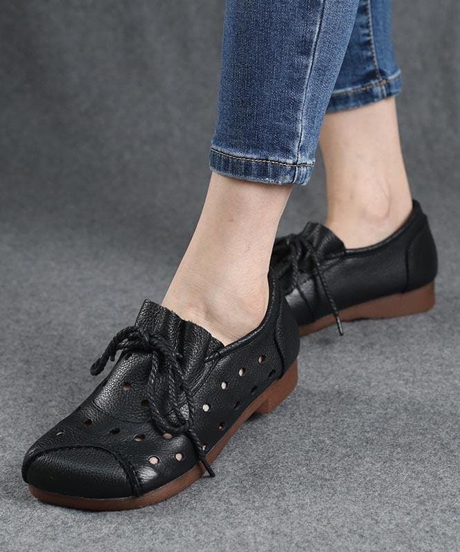 Simple Lace Up Flat Feet Shoes Black Cowhide Leather Hollow Out Penny Loafers XZ-PDX210622