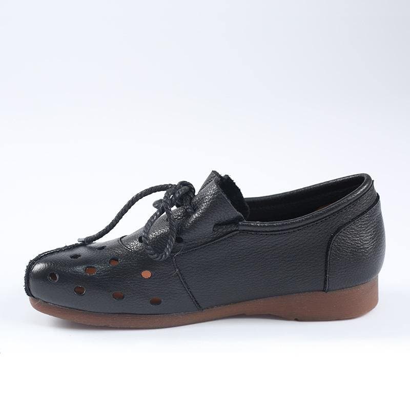 Simple Lace Up Flat Feet Shoes Black Cowhide Leather Hollow Out Penny Loafers XZ-PDX210622