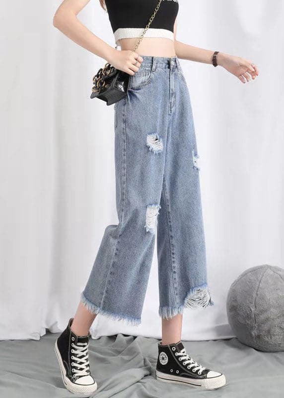 Simple Light Blue High Waist Hole Pockets Cotton Denim Straight Pants Summer nz-CPTS220526