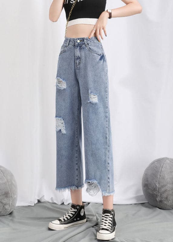 Simple Light Blue High Waist Hole Pockets Cotton Denim Straight Pants Summer nz-CPTS220526