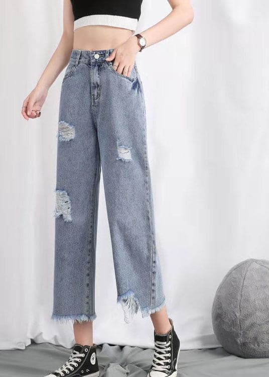 Simple Light Blue High Waist Hole Pockets Cotton Denim Straight Pants Summer nz-CPTS220526