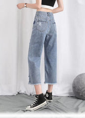 Simple Light Blue High Waist Hole Pockets Cotton Denim Straight Pants Summer nz-CPTS220526