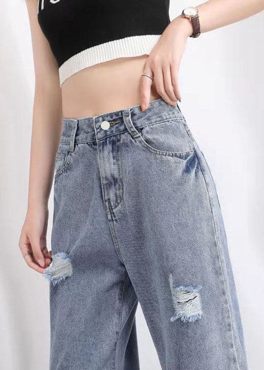 Simple Light Blue High Waist Hole Pockets Cotton Denim Straight Pants Summer nz-CPTS220526