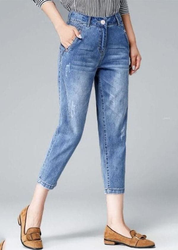 Simple Light Blue High Waist Pockets Cotton Denim Crop Pants Summer NZ-CPTS220715