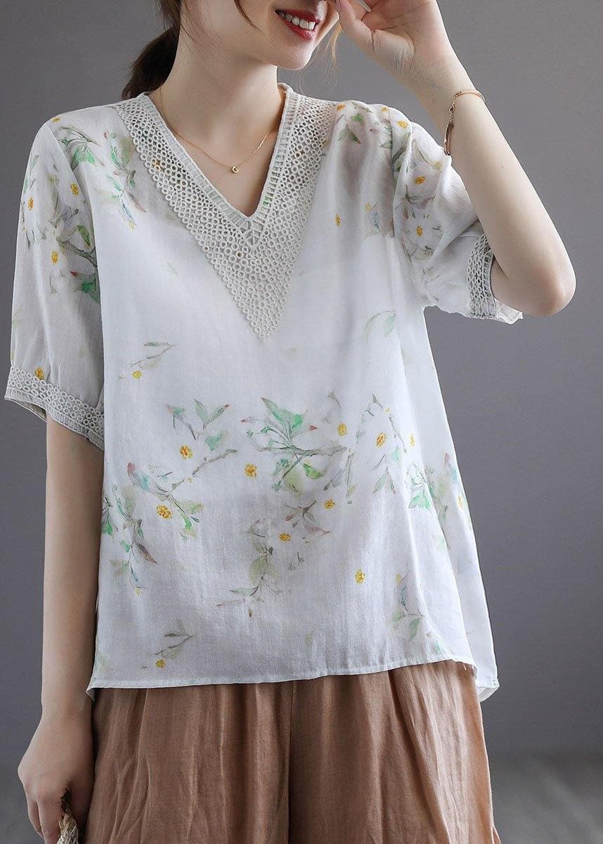 Simple Light Green V-Neck Print Floral Summer Ramie Shirt Top Short Sleeve GK-STP210708