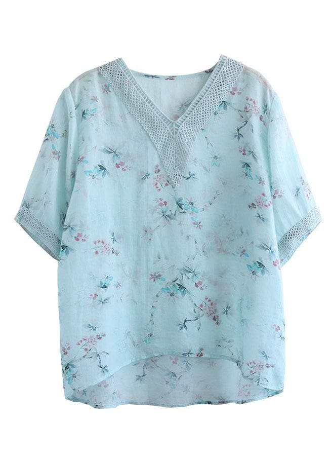 Simple Light Green V-Neck Print Floral Summer Ramie Shirt Top Short Sleeve GK-STP210708