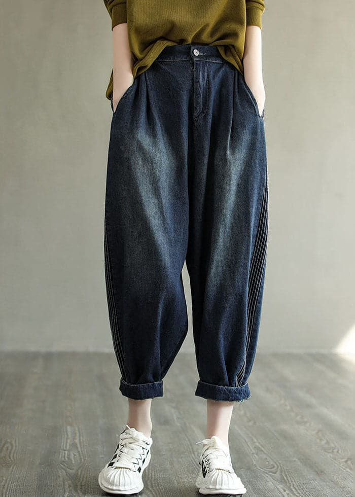 Simple Navy Elastic Waist Striped Line Pocket Cotton Denim Harem Pants Spring NZ-CPTS220627