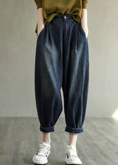 Simple Navy Elastic Waist Striped Line Pocket Cotton Denim Harem Pants Spring NZ-CPTS220627