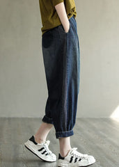 Simple Navy Elastic Waist Striped Line Pocket Cotton Denim Harem Pants Spring NZ-CPTS220627